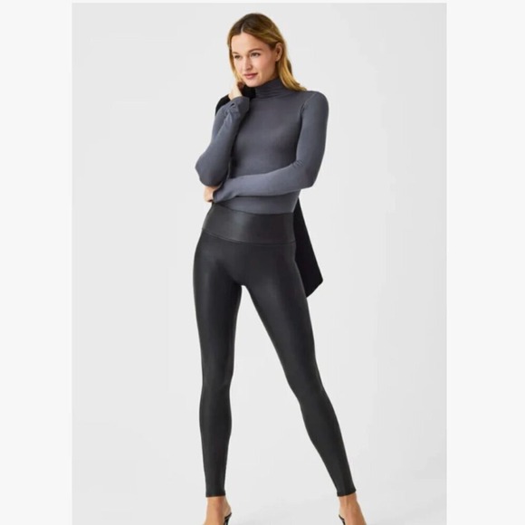 Assets By Spanx Pants - Spanx Women's Full Length Faux Leather Leggings Sz S Black Mid rise Athleisure
